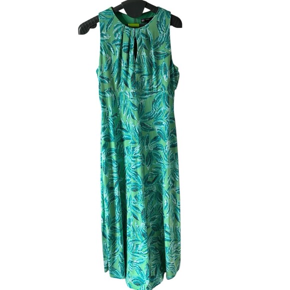 Maggy London Maxi Dress Womens 10P Green Teal Leaf Print Keyhole - Picture 2 of 6